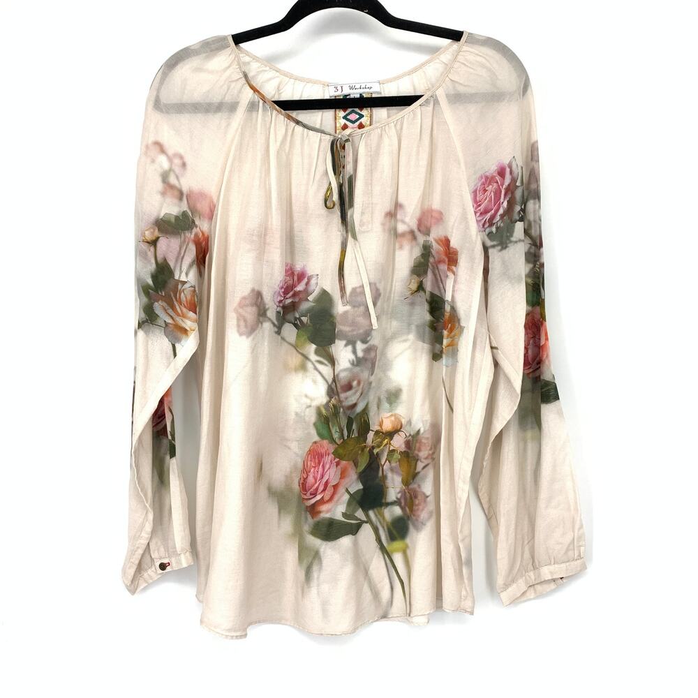 Johnny Was 3J Workshop Tie Neck Top L Silk Cotton Rose Floral Print Semi Sheer